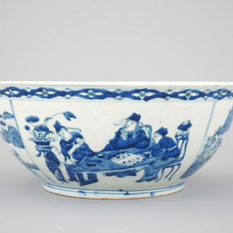 A large blue and white Chinese porcelain bowl with go players, Xuantong mark and probably of the period (1908-1912)