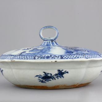 A fine Chinese blue and white lozenge-shaped tureen and cover with a seaside landscape, Qianlong, 18th C.