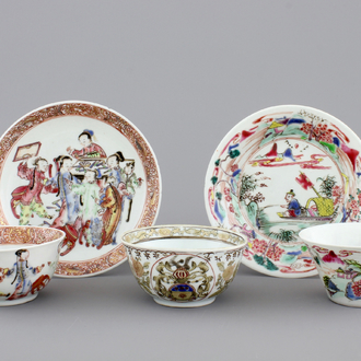 A nice set of three Chinese porcelain cups and two saucers, Yongzheng-Qianlong, 18th C.