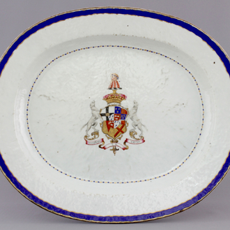 A Chinese export porcelain armorial oval serving dish, arms Brydges with Gamon in Pretence, late 18th C.