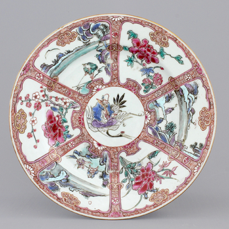A Chinese famille rose porcelain plate with Shou Lao on a crane, 18th C.