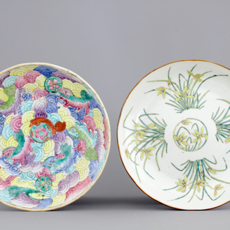 Two rare Chinese famille rose and verte porcelain plates, one with foo dogs, 19th C.