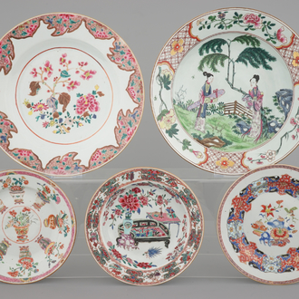 A set of Chinese famille rose porcelain dishes, Yongzheng-Qianlong, 18th C., and a large Samson figural dish, 19th C.
