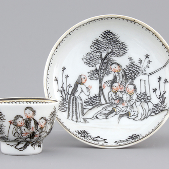 A rare Chinese export porcelain grisaille miniature cup and saucer, 18th C.