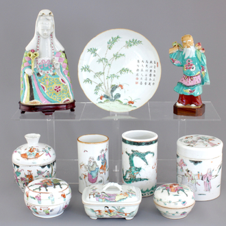 A collection of 19th century Chinese porcelain, including brush pots, figures and a poem plate