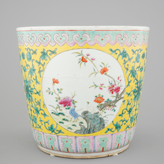 A tall Chinese famille rose yellow ground jardiniere, 19th C.