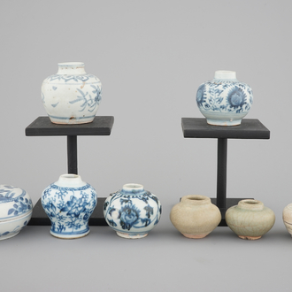 A collection of 8 small blue and white and celadon-glazed jarlets and boxes, Ming Dynasty