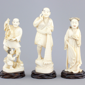 Three Japanese ivory carved okimono, Meiji, 19th C.