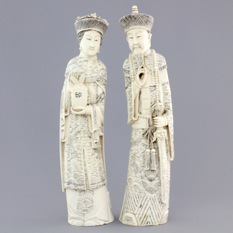 Two Chinese ivory carved figures of the emperor couple, ca. 1920