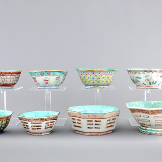 A set of eight Chinese porcelain bowls, with a nesting set of 3 with trigrams, 19th C.