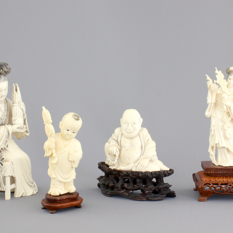 Four fine Chinese carved ivory figures, 19th and early 20th C.