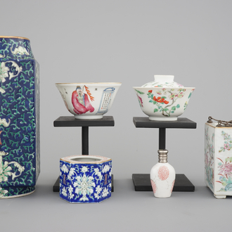 A set of 6 Chinese 19/20th C.porcelain items: a cong vase, a snuff bottle, two bowls and two brush washers