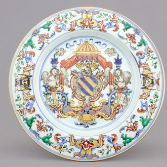 A large Portuguese market Chinese porcelain verte-imari armorial plate, ca. 1720