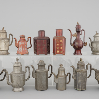 A set of 12 Chinese pewter and brass lidded jugs, tea pots and caddies, 19/20th C.