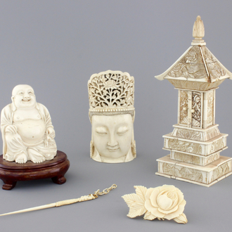 Two Chinese carved ivory figures, a hairpin and a brooch and a Japanese ivory pagoda, 19th C.