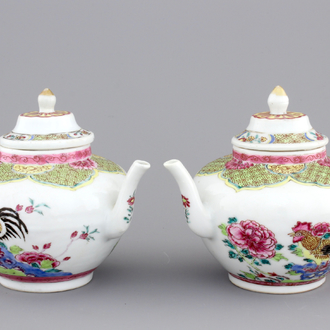 A pair of Chinese porcelain famille rose teapots with cockerels, Yongzheng, 1722-1735