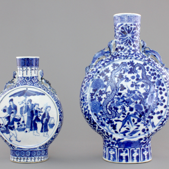 Two Chinese porcelain blue and white moon flasks, 19th C.