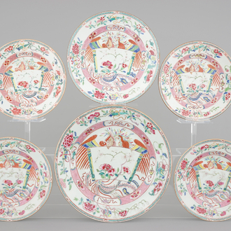 A set of 6 large Chinese famille rose export porcelain plates with phoenix with scroll design, Qianlong, 18th C.