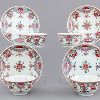 A set of four Chinese famille rose export porcelain cups and saucers, Yongzheng/Qianlong, 18th C.