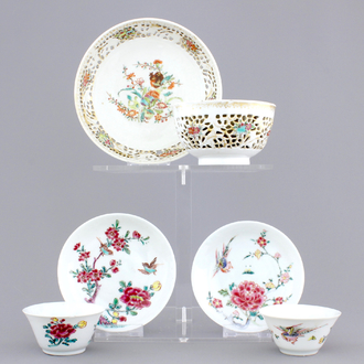 Three Chinese porcelain famille rose cups and saucers, Yongzheng-Qianlong, 18th C.
