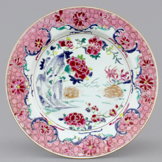 A Chinese famille rose export porcelain quails plate, Qianlong, 18th C.