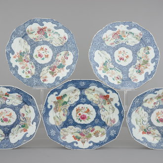 A set of 5 large octagonal famille rose dishes with landscapes on a blue swirl ground, Qianlong, 18th C.