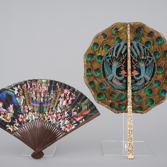 A Chinese ivory-handled kingfisher and peacok feather Mandarin handscreen and a paper fan, 19th C.