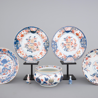 Four Chinese imari plates, two miniature vases and a bourdalou, 18th C.