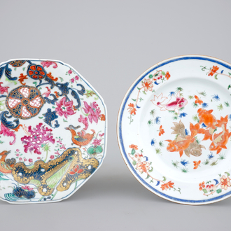 Two Chinese famille rose plates, Qianlong, 18th C.: one pseudo tobacco leaf and one with carps