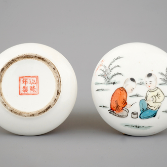 A round Chinese porcelain box and cover with erotic scenes inside, 20th C.