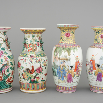 Two Chinese famille rose vases, 19th C. and a pair of 20th C. Mulan vases