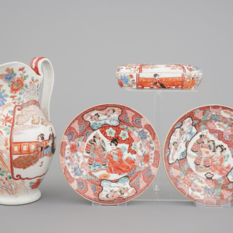 A Japanese Arita porcelain jug, a soap box and two plates, 19th C.