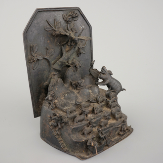 A dark bronze animal subject group, China, Ming Dynasty, 15-16th C.