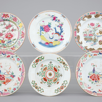 A set of six Chinese famille rose and verte porcelain plates, Kangxi-Qianlong, 18th C.