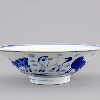 A Chinese blue and white conical bowl: "Horses of Mu Wang", Shunzhi/Kangxi, 17th C.