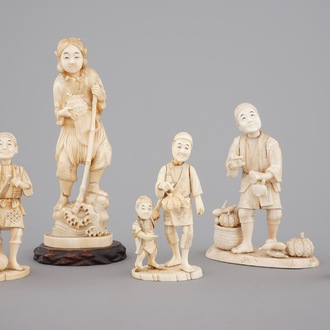 Five Japanese ivory okimono carved figures, late Meiji - early Taisho, 19th to early 20th C.