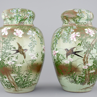 A tall pair of Japanese celadon-ground vases with covers, ca. 1880