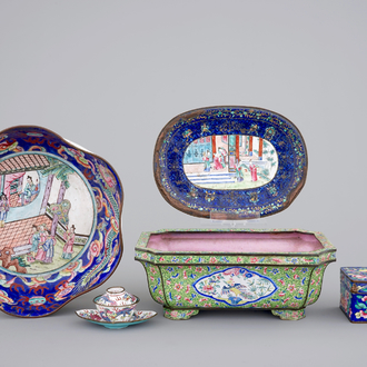 Five Chinese Canton enamel pieces, inc. a large bowl and covered cup on stand, 18/19th C.