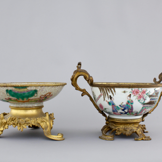 Two Chinese porcelain bowls with gilt bronze mounts, Yongzheng and 19th C.
