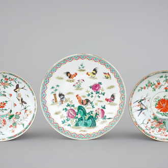 Three Chinese porcelain dishes with cockerels, Kangxi famille verte and 19th C. famille rose
