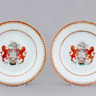 A pair of Chinese export porcelain armorial plates, 18th C.