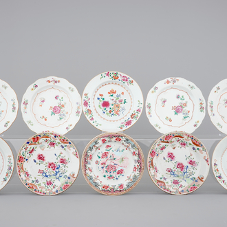 Ten Chinese porcelain famille rose plates, 18th C.