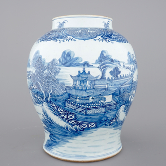 A tall blue and white Chinese porcelain landscape vase, early 18th C.