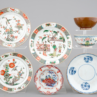 18th C. Chinese porcelain, mostly Kangxi famille verte: 4 plates and 3 bowls