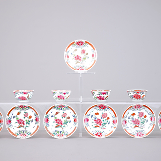 Six fine Chinese famille rose cups and seven saucers, Qianlong, 18th C.