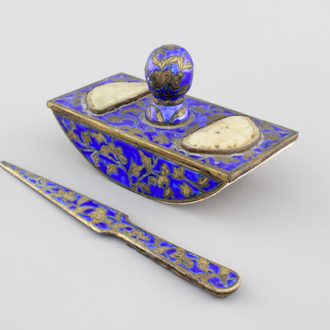 An enameled bronze and inset jade writing set, 19th C.