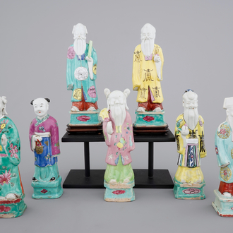 A nice group of 7 Chinese porcelain figures of immortals, 19th C.