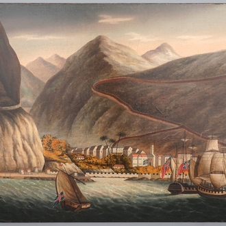 A China trade painting depicting British merchant ships near a harbour, the Great Wall in the back, 19th C.
