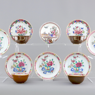 A collection of fine Chinese famille rose porcelain cups and saucers, Yongzheng-Qianlong, 18th C.