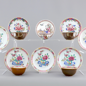 A collection of fine Chinese famille rose porcelain cups and saucers, Yongzheng-Qianlong, 18th C.